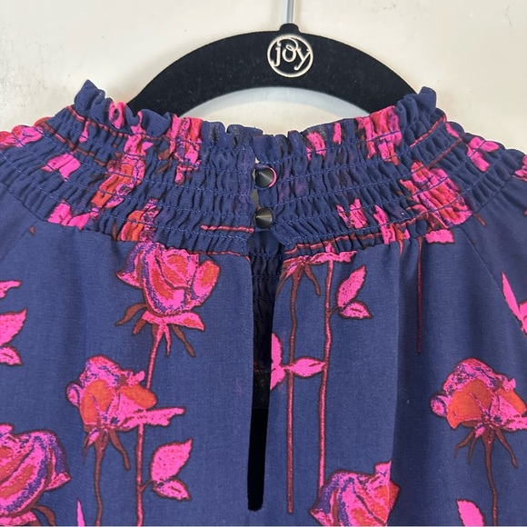 Rachel Roy | Navy Blue Pink Floral Bell Sleeve Cinched Waist Dress Size Medium - Picture 8 of 8